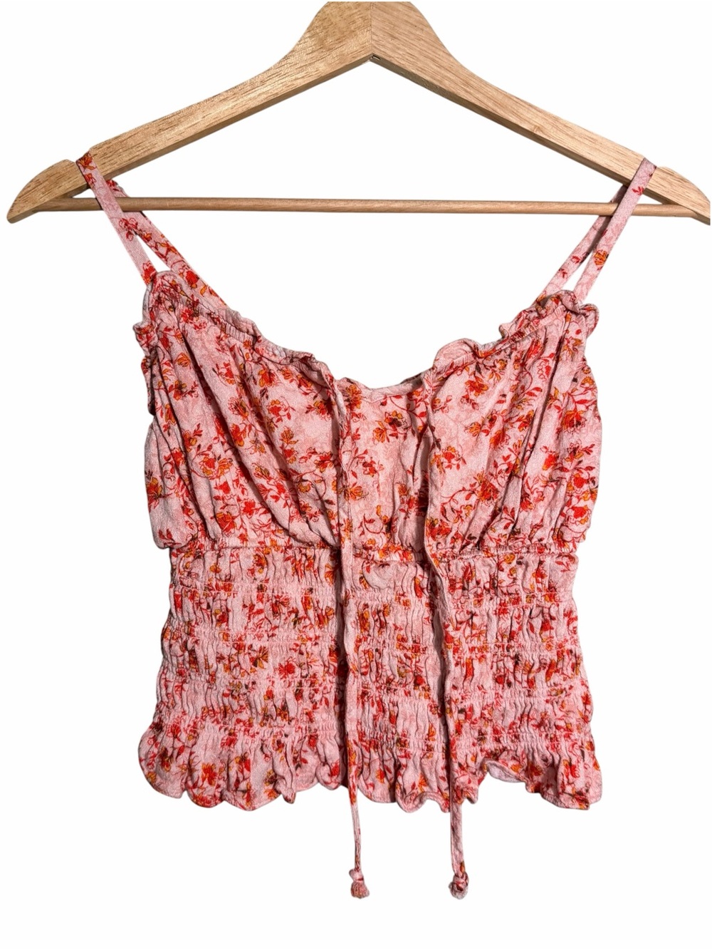 Floral Smocked Pink Tie-Front Crop Cami Top